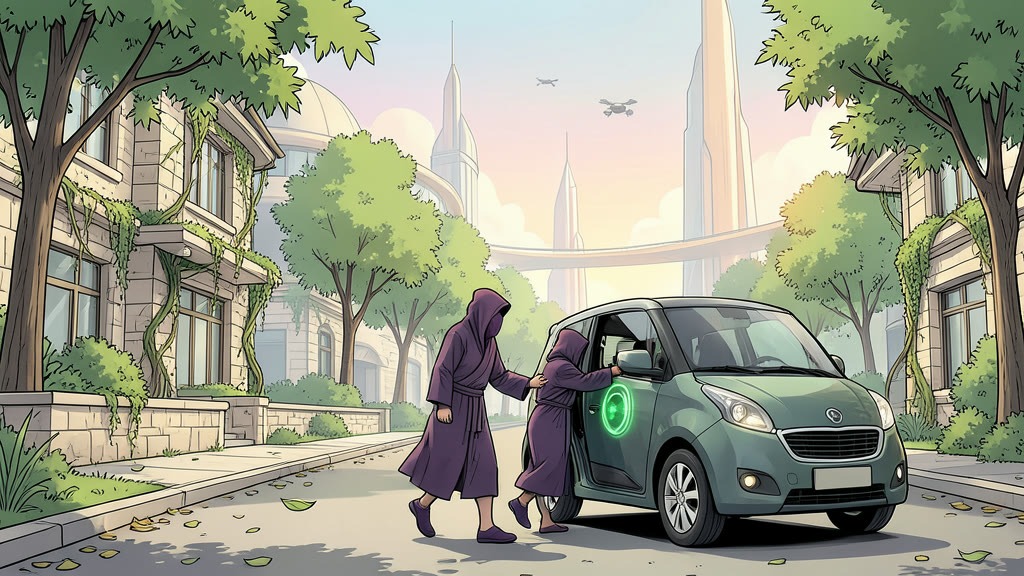AI-generated image: Medium-wide outdoor shot of a quiet tree-lined street in front of a stone house, bright day. Two figures in privacy robes hurry toward a waiting small autonomous taxi.