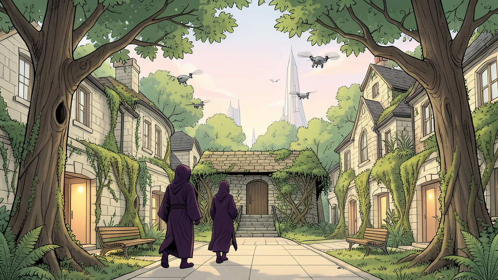 AI-generated image: A forested path among tall trees, a cool breeze stirring the leaves. Two figures in privacy robes have stepped off the path toward a stone house built almost entirely underground: only a low stone roof, about a meter high, rises above the mossy ground, nearly invisible among ferns and shrubs, with a stone staircase leading down to its door.