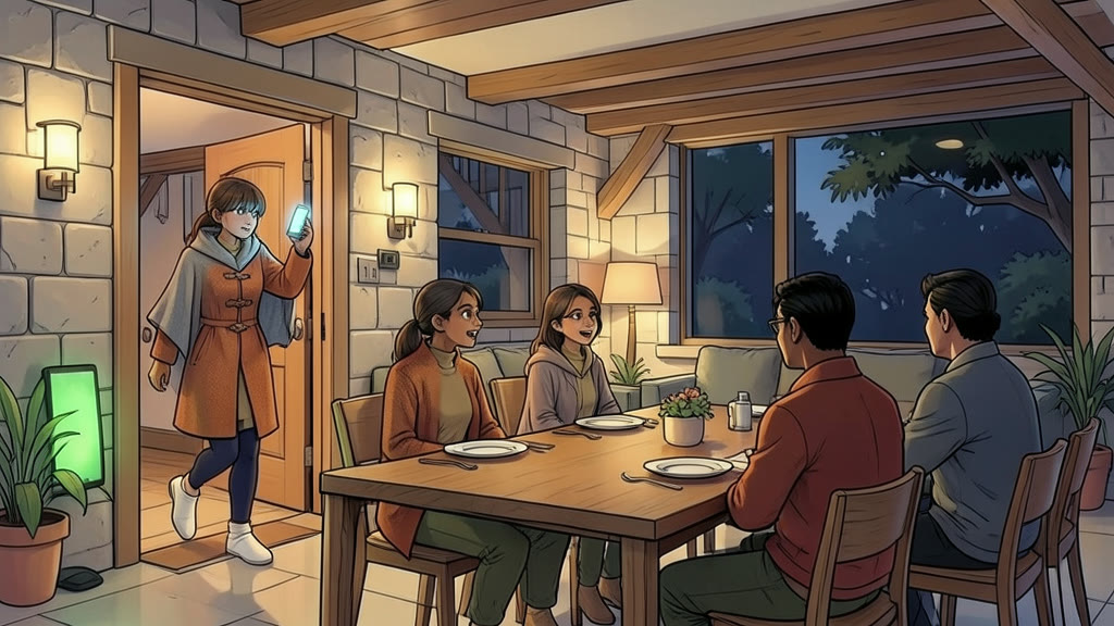 AI-generated image: Warm evening interior of a cozy stone family home. A dinner table is set with empty plates and three adults are seated around it.