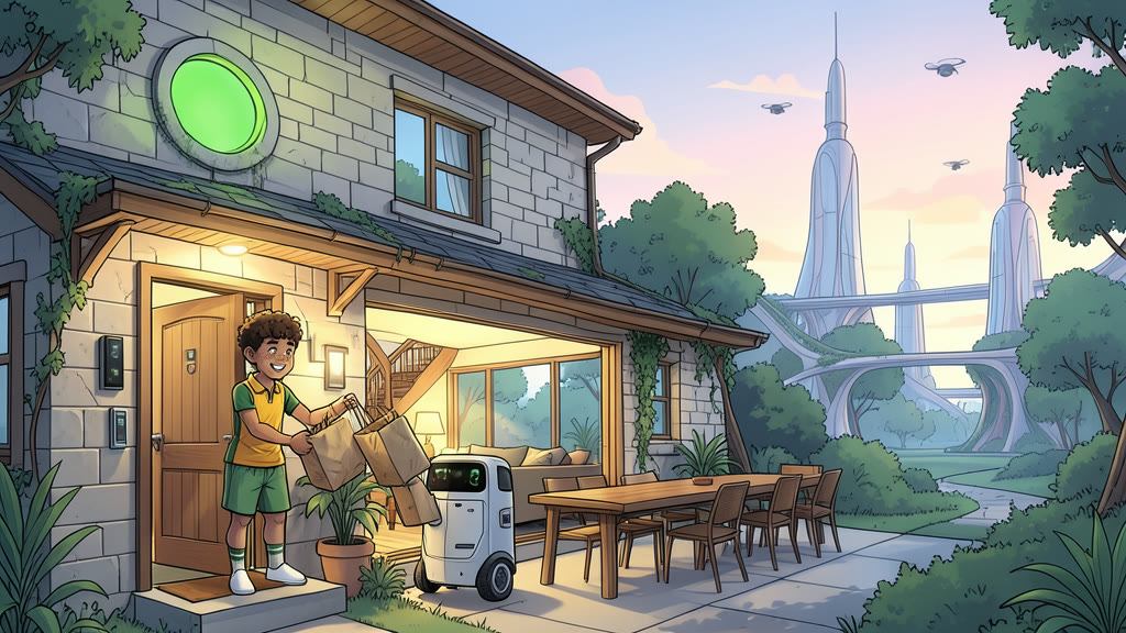 AI-generated image: Evening at the open front door of a stone family house. A boy stands on the threshold, eagerly taking two paper bags of food from a small wheeled delivery robot waiting on the doorstep.