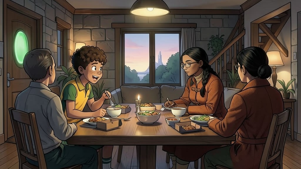 AI-generated image: A family dinner table in lamplight, open meal boxes and bowls in front of everyone. A boy leans forward eagerly, eyes wide with excitement, as if he has just solved a mystery.
