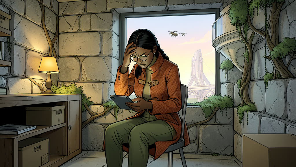 AI-generated image: A small windowless basement room with stone walls and a single warm lamp. A woman sits alone in a chair, leaning forward, staring intently at a hand device held in both hands, its screen turned away from the viewer and lighting her face from below.