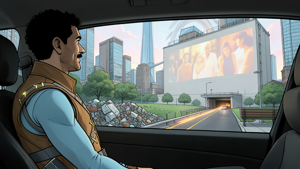 AI-generated image: The back seat of a taxi, a man in profile at the side window, looking out thoughtfully. Outside, just past a highway underpass with piles of uncollected garbage, a small park; across the road, a tall industrial building whose blank wall shows a large projected film scene of soft blurred figures in warm color.