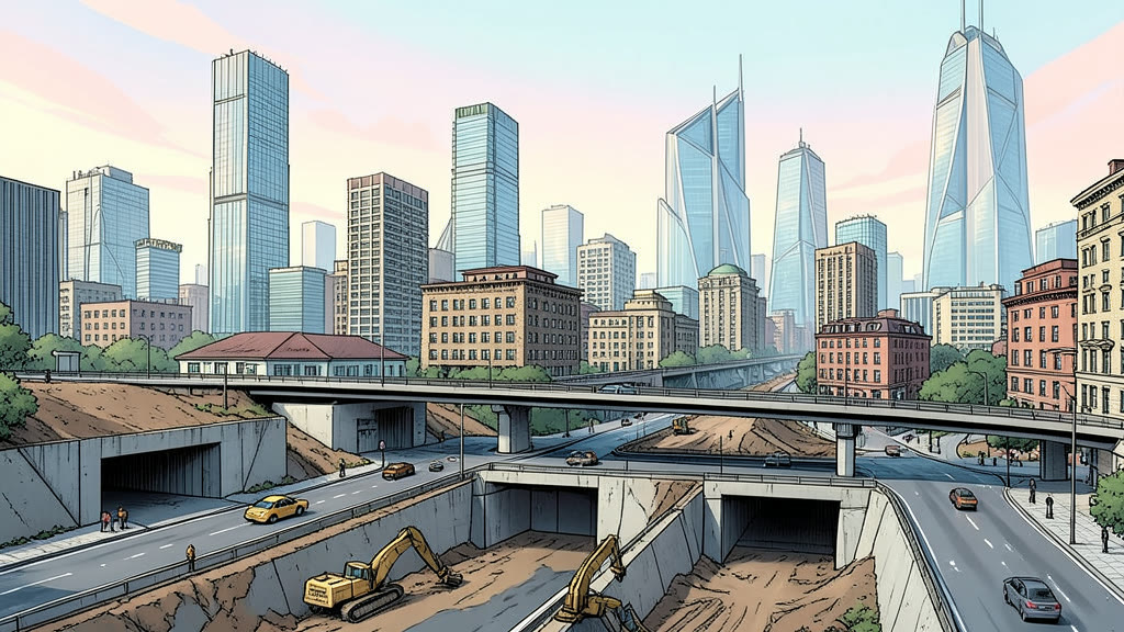 AI-generated image: The northern edge of a big modern city: a chaotic mix of glass-and-steel towers, concrete blocks and old stone buildings, tall and short, beautiful and ugly side by side. In the foreground, fresh road construction cuts through, with machines laying new pavement; low concrete entrances to new underground shelters stand beside the new roads.