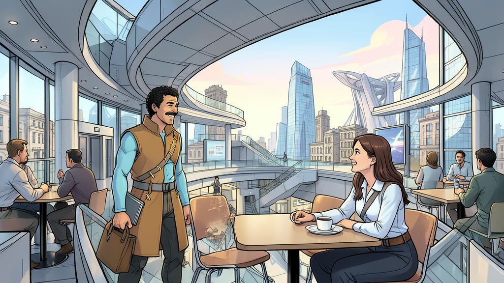 AI-generated image: A bright university restaurant with tall glass windows, concrete columns and long tables. A man, carrying a bag, has just arrived and smiles in pleased surprise at a young woman student seated at a table with a tray and a cup, who looks up and smiles back.