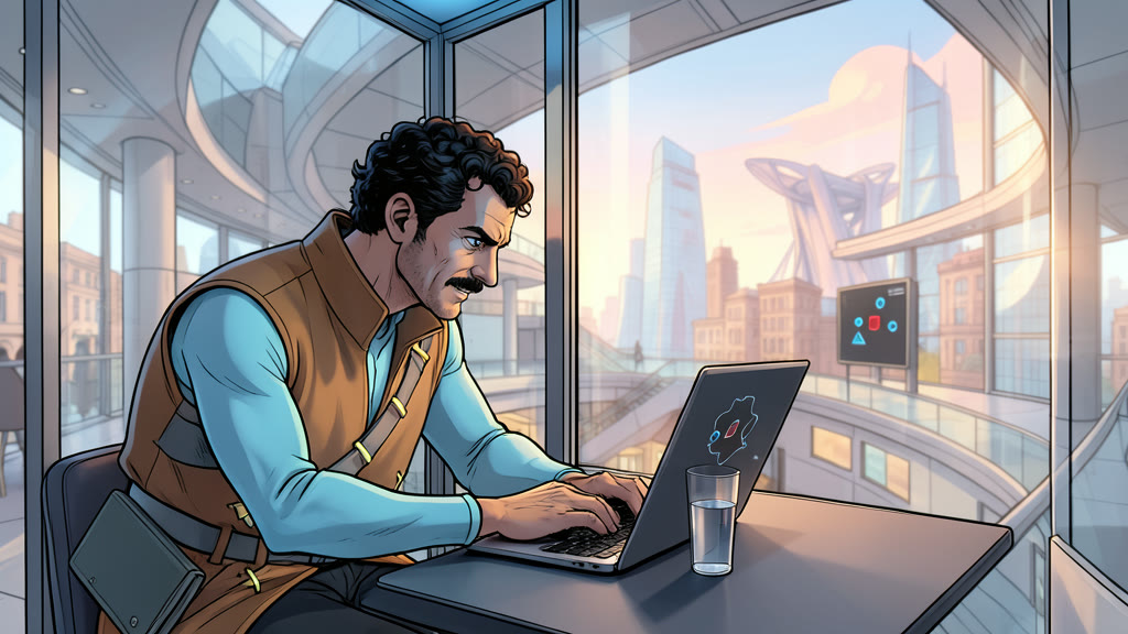 AI-generated image: Medium close shot inside a small glass-walled calling booth. A man sits hunched forward over an open laptop computer, a glass of water beside it, his face tense and absorbed.