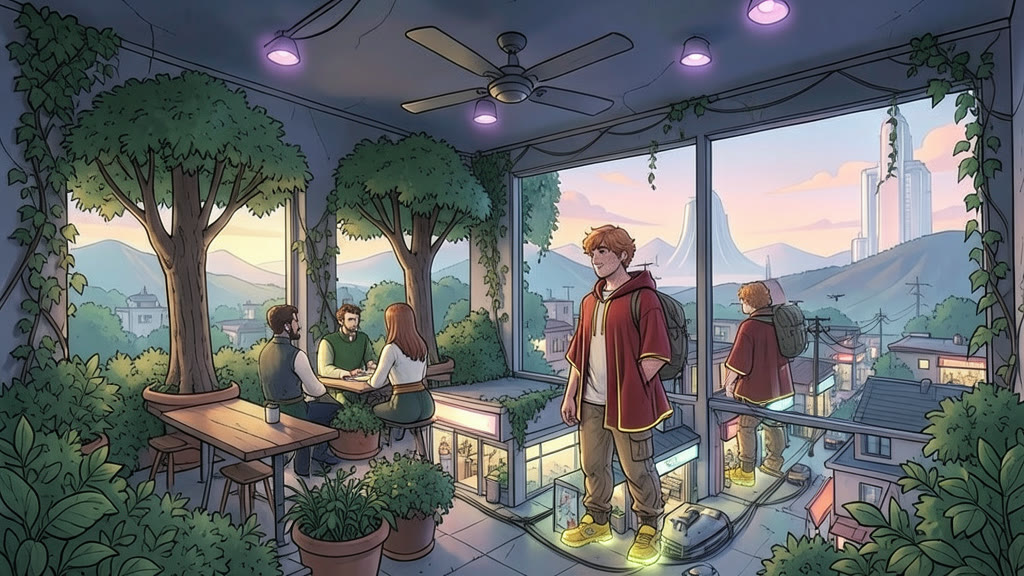 AI-generated image: Wide interior of an underground cafeteria deep inside a mountain. Green trees stand in pots between the tables, two walls are covered in hanging vines, and the other two are huge mirrors that repeat the room endlessly.