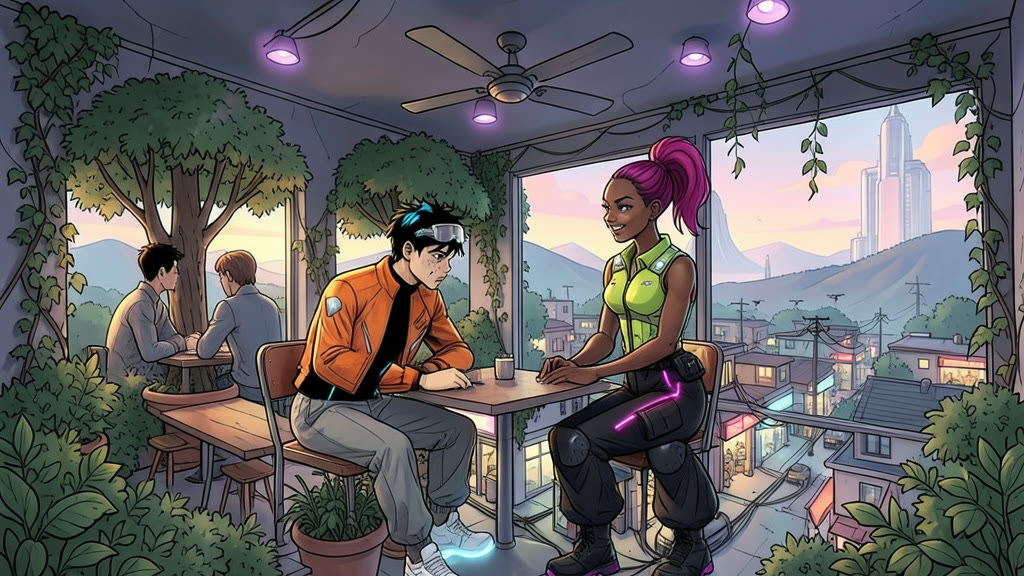 AI-generated image: A leafy underground cafeteria nook screened by shrubs and potted trees, violet ceiling lights glowing faintly. A young man drops into a chair at the table, visibly exhausted, shoulders slumped, dark circles under his eyes.