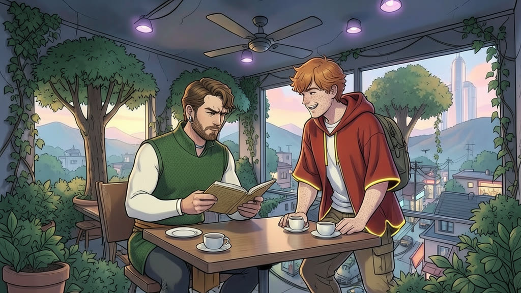 AI-generated image: Medium close shot at a cafeteria table among potted trees and vines, empty plates and teacups pushed aside. A man holds an open book, its pages facing away from the viewer, brow furrowed in concentration as he tries to read aloud.