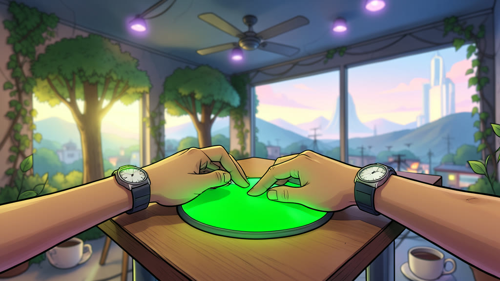 AI-generated image: Playful close-up over the corner of a cafeteria table: three wrists wearing watches converge on a small round green-glowing panel set into the tabletop. Two of the wrists bump and push each other aside, while a third hand slaps its watch firmly onto the green circle.
