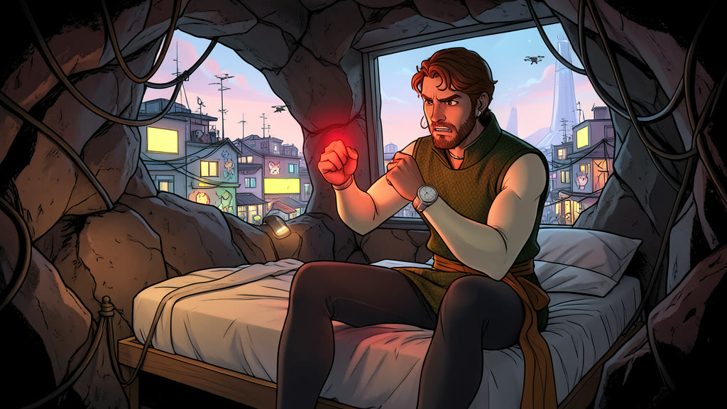 AI-generated image: Night interior of a small windowless bedroom carved into rock, with a simple bed and a single dim lamp. A man, in sleep clothes, sits up in bed with his face tense with alarm, lit by the deep red glow of the watch on his wrist as he raises it to answer a call.