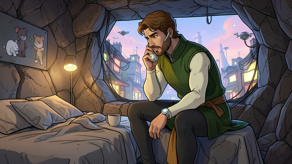 AI-generated image: Early morning in a small windowless room carved into rock, a rumpled bed, a single lamp. A man, hollow-eyed after a sleepless night, sits on the edge of the bed hunched forward, holding a hand device to his ear and speaking quietly and urgently.