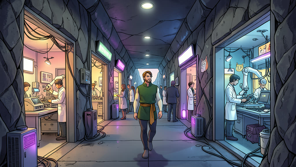 AI-generated image: Down a long tunnel carved through rock inside a mountain, lit by soft ceiling lights. Along the walls, open doorways reveal busy side rooms: clean workshops with chip-making machines, laboratory benches with workers in white coats, robotic arms assembling car parts.