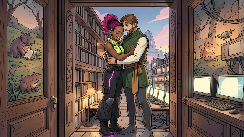 AI-generated image: A warm underground library, with towering two-level shelves of paper books on one side and computer terminals on the other. A young woman gently hugs a man, who stands stiff and exhausted, eyes downcast, arms hanging at his sides.