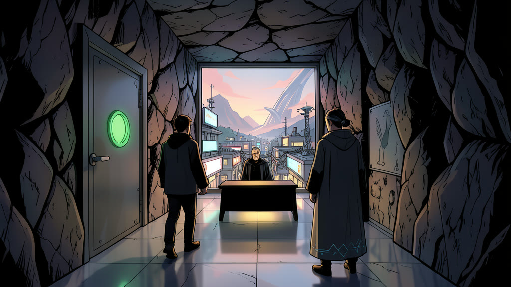 AI-generated image: Through a slowly opening sealed door into a long, dim underground room with rock walls. At the far end stands a large table under a pool of warm light, and behind it sits a man, wearing a shadowy dark cloak, hands folded, his gaze composed and watchful.