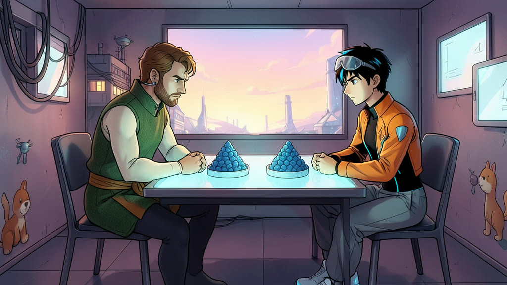 AI-generated image: A small enclosed room with no windows, lit by the soft glow of a table whose whole top is a screen. A man and a young man sit across from each other at the table.