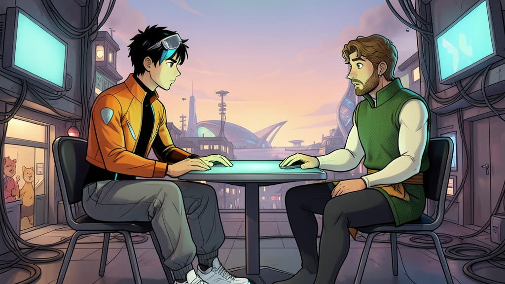AI-generated image: A small enclosed room lit by a glowing tabletop. A young man has shifted his posture, sitting upright and leaning in with a serious, searching look, the friendly game over.