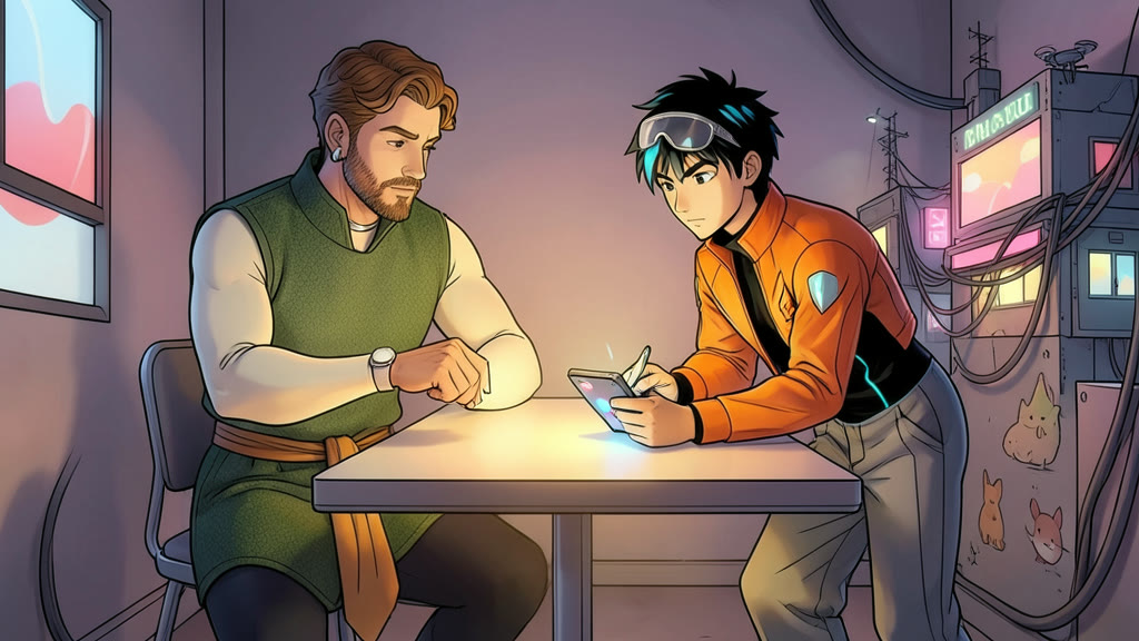 AI-generated image: A small enclosed room with a softly glowing table. A man lifts his wrist and taps the watch on it, about to place a call, his expression hopeful and determined.