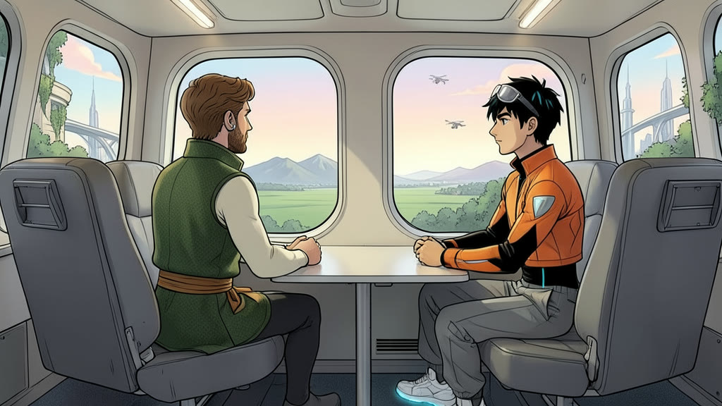AI-generated image: Inside a small enclosed private cabin on an aeroplane, four seats facing each other across a little table. A man sits facing backward and a young man sits facing forward, both gazing silently out the large window, calm and a little dreamy.
