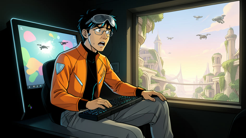AI-generated image: A young man sitting at a gaming-style console in a small dim room, wearing an earpiece and glasses that glow faintly with projected light. He clutches the edge of the console and cries out in despair, eyes wide.