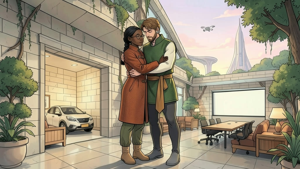 AI-generated image: A simple, tidy hotel room with stone walls and a window onto green trees. A woman hugs a man, who stands with slumped shoulders and a sad, defeated expression, his eyes closed.
