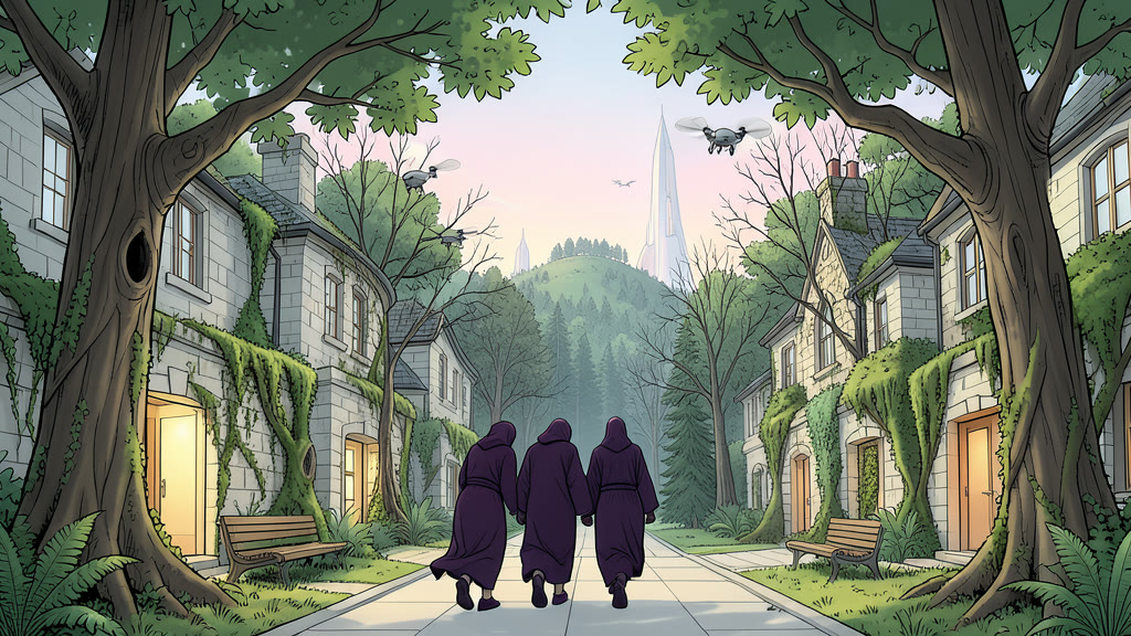 AI-generated image: A narrow footpath in a cold wooded district. Three figures in privacy robes walk away from the viewer, leaning forward as a cold breeze pushes at their backs.