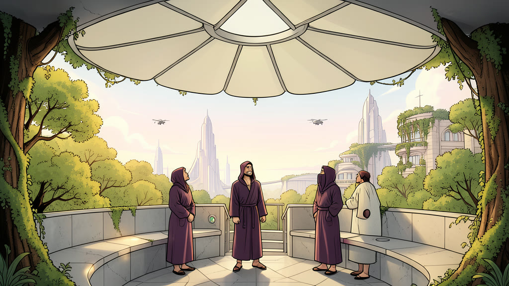 AI-generated image: Inside a circular room at the very top of a hill, a curved bench running around its edge and a safety railing around a staircase opening in the middle. Overhead, the open sky is being covered as a round roof slowly slides closed, leaving a narrowing slice of pale sky.