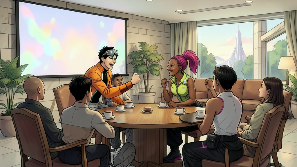 AI-generated image: A hotel meeting room where seven people sit around a long table facing a wall lit by a projection of soft glowing abstract colored shapes. In the foreground a young man and a young woman lean forward, laughing and chanting together with fists raised; the others at the table, seen from behind and in soft focus, join in.
