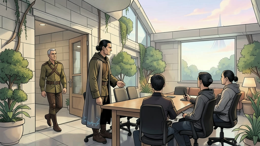 AI-generated image: Medium wide shot of a plain conference room with a table and chairs. A middle-aged man, a man, steps in through the door wearing a crisp shirt styled like traditional military attire but comfortable for everyday wear, with a direct, wary expression.