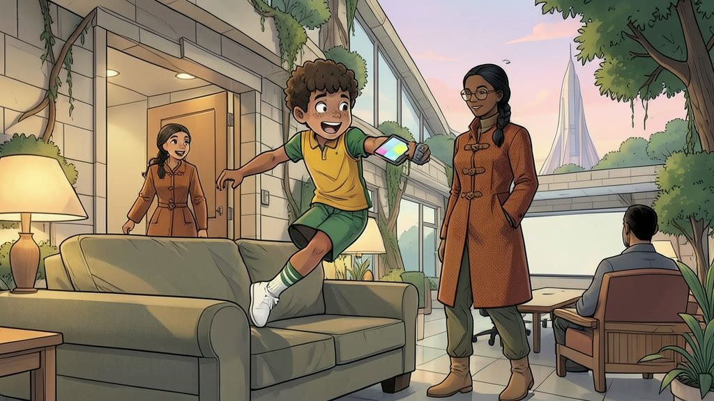 AI-generated image: Lively medium shot of a hotel room with a sofa and warm lamps. A boy bursts in and leaps onto the sofa, bouncing, holding a hand device whose screen shows only soft abstract colored shapes, his face bright with excitement.