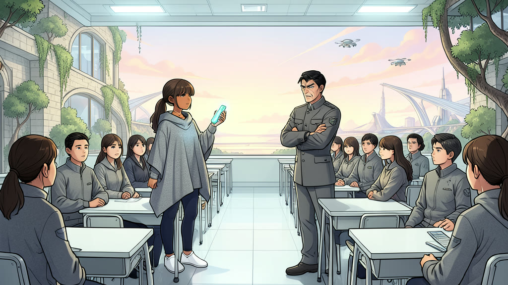 AI-generated image: A severe, orderly classroom with rows of identical pale desks and cold white light. A girl stands up from her desk, chin raised, confidently explaining something with one hand gesturing, a thin band around her neck.