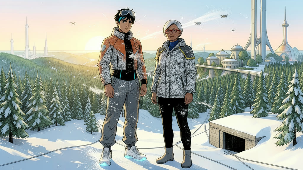 AI-generated image: A snowy hilltop at sunrise. A young man and a woman stand side by side in thick white-and-grey patterned winter jackets, cold wind blowing snow into their faces.