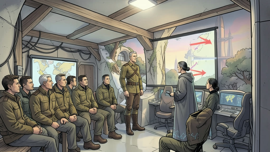 AI-generated image: A cramped briefing room in a makeshift bunker, packed with several dozen commanders in winter jackets and military shirts sitting shoulder to shoulder on benches. At the front, the middle-aged a man stands beside a large wall screen showing a map of forest and coastline with four broad colored arrows, no labels.
