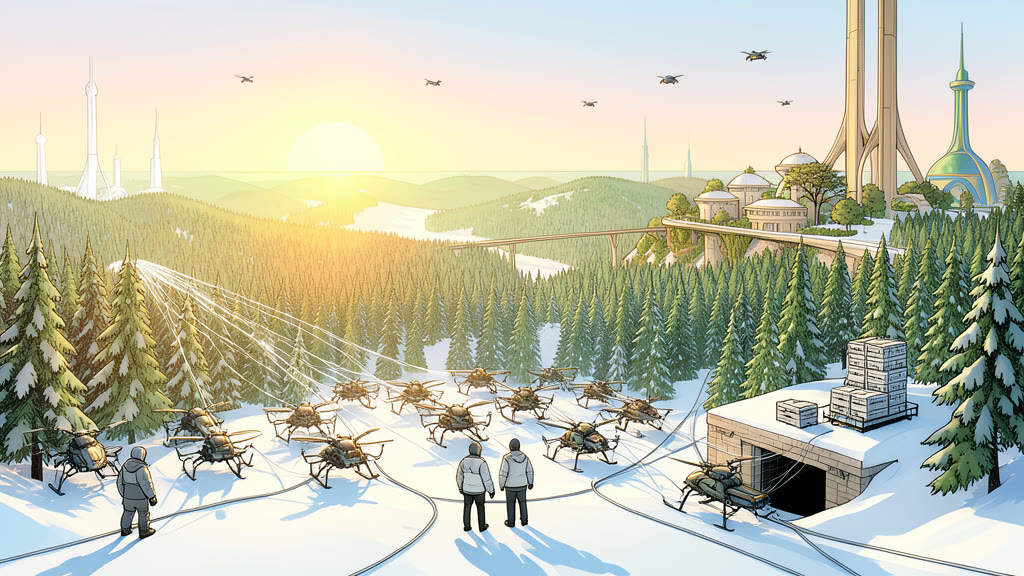 AI-generated image: Epic wide view from a snowy hilltop at sunset. Three small figures in white-and-grey winter jackets stand in the foreground, seen from behind.