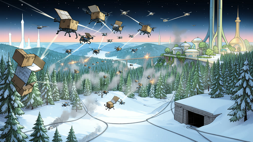 AI-generated image: Night battle scene over a snowy pine forest, seen from above the treetops. Large boxes on the backs of heavy snow drones have opened, and a swarm of small sport copters and delivery copters rises out of them into the dark sky, their lights streaking.