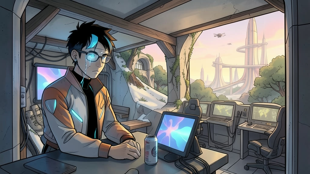 AI-generated image: Close medium shot of a young man alone at a console in a dim underground bunker room, wearing glasses that glow faintly, an earpiece and a white-and-grey jacket. Tears run down his face and his shoulders are hunched in grief.