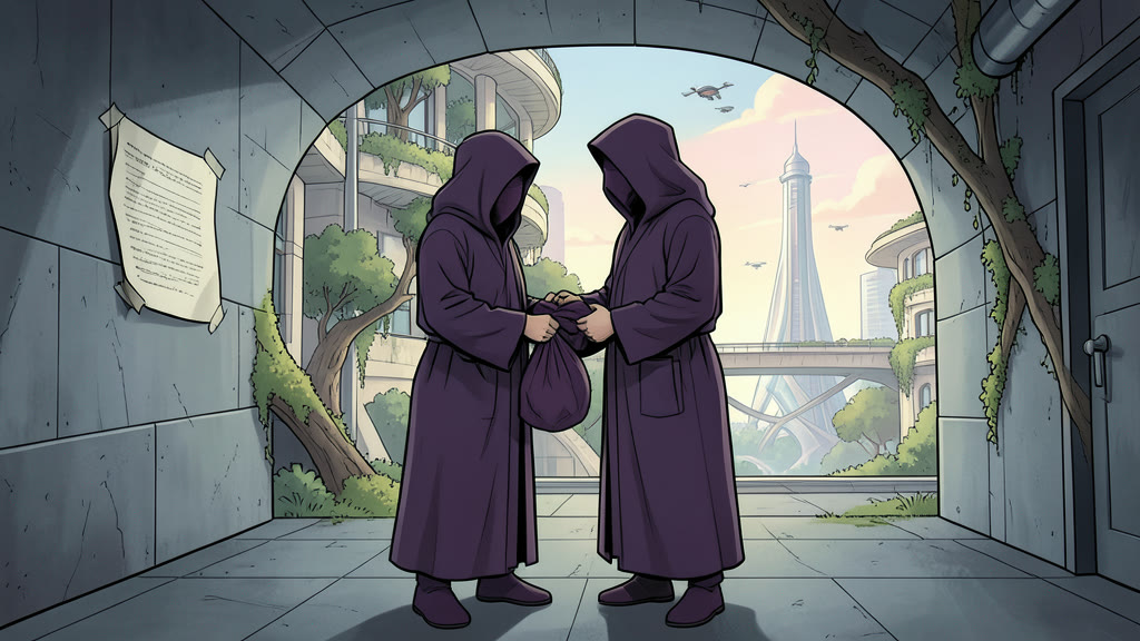 AI-generated image: A dim pedestrian tunnel at a Y-shaped fork, lit just enough to see. Two figures in privacy robes stand close together, faces hidden.