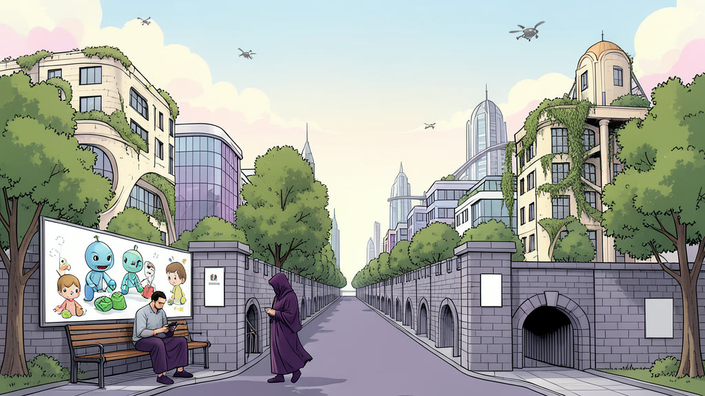 AI-generated image: A long castle-like wall in grey and purple running beside a city street. In front of it stand two rows of trees with a sidewalk between them.