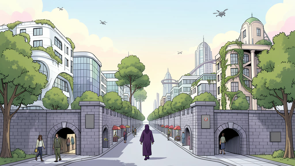 AI-generated image: A walled corporate enclave that feels like a different country. Uniform futuristic buildings five to ten meters tall, rounded and rectangular, in white, grey and purple glass and steel with sharp edges.