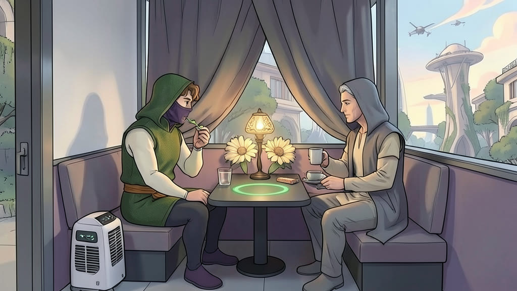 AI-generated image: A small booth in a hidden courtyard, closed off by a cloth curtain. Two men sit facing each other across a table, both wearing privacy robes with the hoods and face covers pulled down, faces visible.
