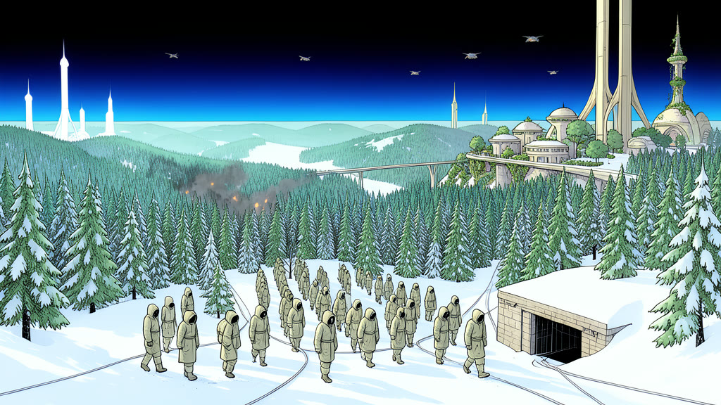AI-generated image: A snowy pine forest in the last hour before dawn. The sky shifts from near black overhead to a deep glowing blue along the eastern horizon.