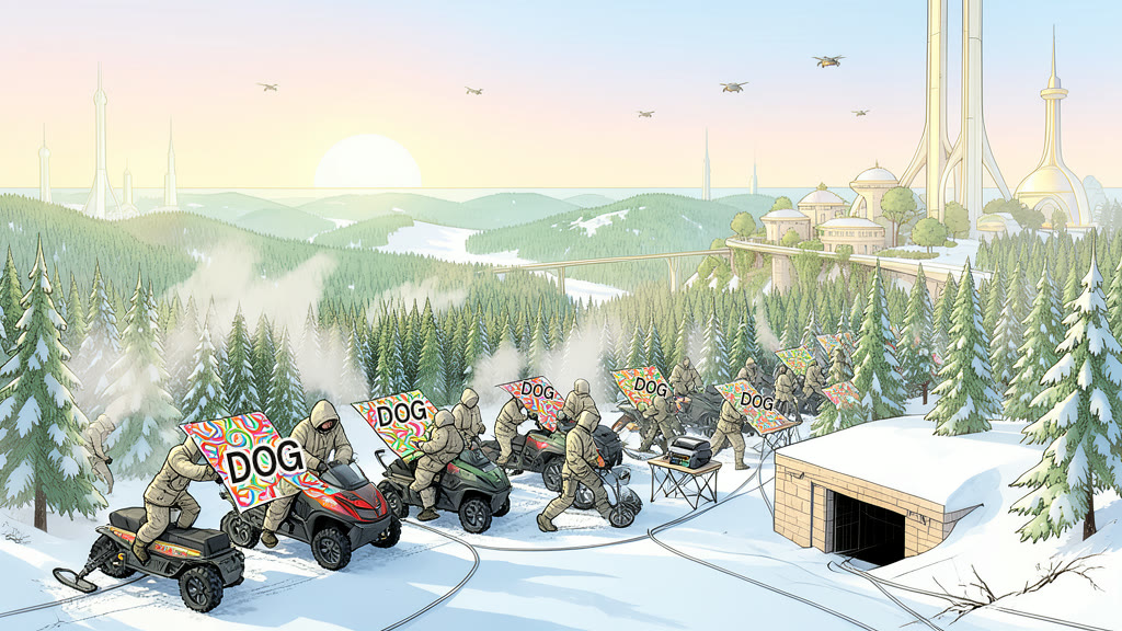 AI-generated image: Dawn in a snowy forest clearing. Soldiers in pale hooded thermal cloaks hurry along a long row of snowmobile-like drones, pressing large freshly printed sheets of paper onto every side of each drone. Lettering: “DOG”.