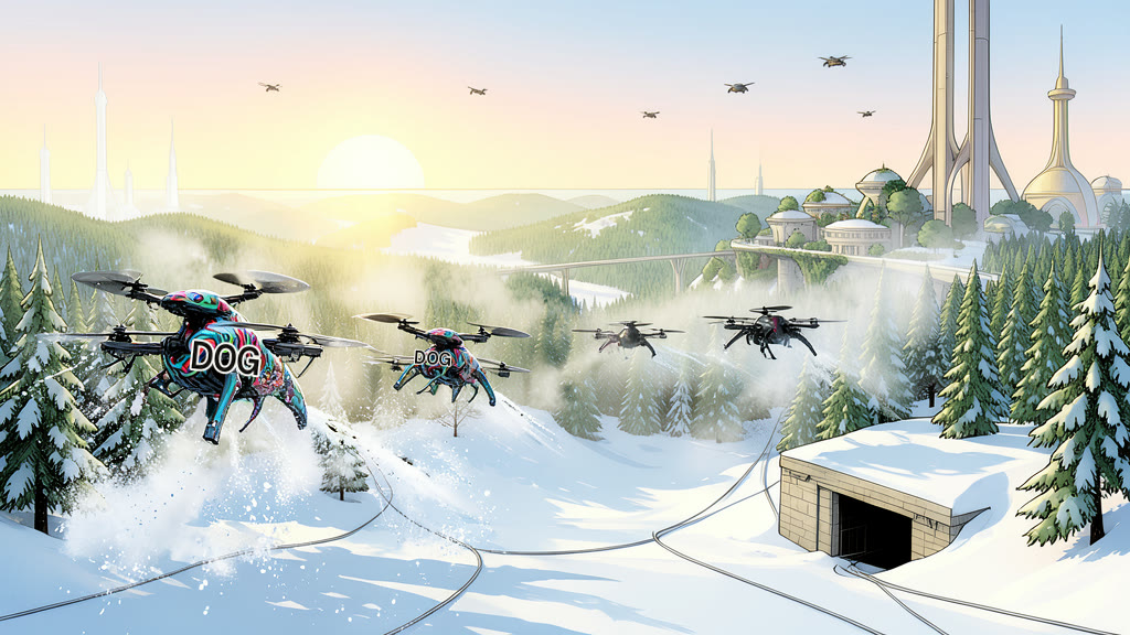 AI-generated image: Dynamic wide shot of a snowy pine forest at sunrise. A line of snow drones plastered with colorful abstract squiggly patterns surges forward through the trees, kicking up sprays of snow, pushing past darker, sleek enemy drones that sit motionless or turn aside in confusion. Lettering: “DOG”.