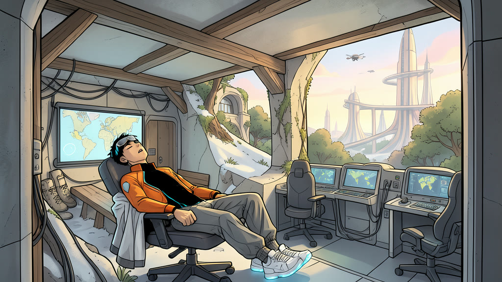 AI-generated image: Quiet medium shot inside a small bunker command room in late afternoon light from a high window. A young man lies back in a chair reclined as far as it can go, fast asleep, mouth slightly open, glasses pushed up on his head, an earpiece dangling on his shoulder, a white-and-grey jacket draped over him.