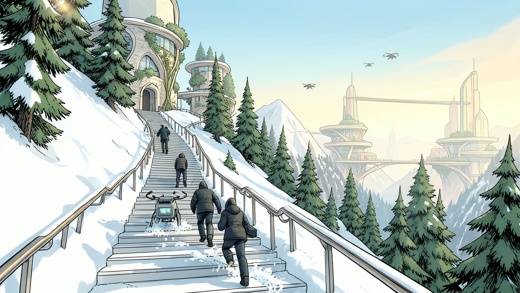 AI-generated image: A long staircase with handrails climbing the side of a snow-covered mountain. Bright sunlight glares off the deep snow on both sides; only the tops of pine trees and the handrails stick up above it.