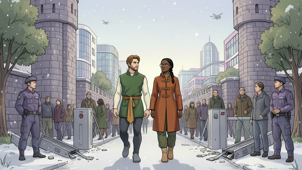 AI-generated image: A large stone gateway into a walled district under a light snowfall. A man and a woman walk through the gate side by side, looking around with quiet emotion.