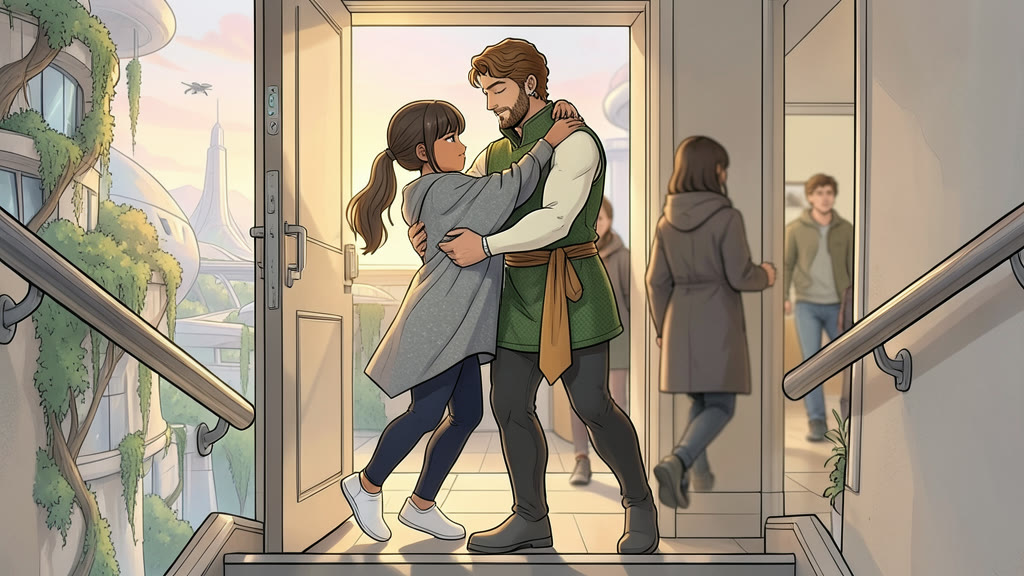 AI-generated image: Warm medium shot at the open door of an apartment at the top of a staircase. A girl runs out and throws her arms around a man, who hugs her tightly, eyes closed in relief.