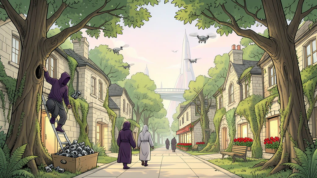 AI-generated image: A footpath through a wooded district lined with old stone houses and tall trees. To the left, a workman on a tall ladder leaning against a tree tosses a security camera down into a box on the ground already full of dozens of discarded cameras, mid-throw.