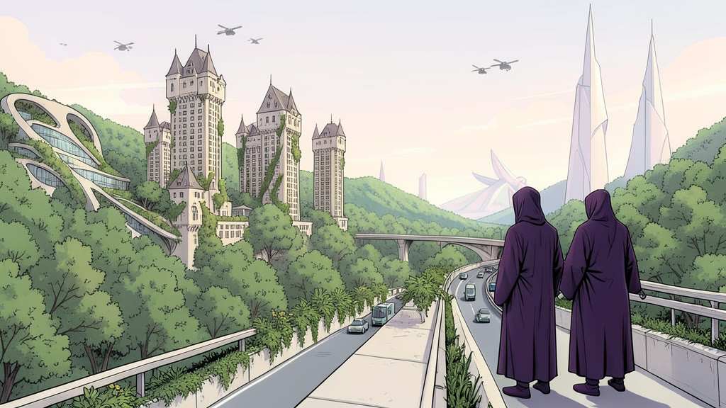 AI-generated image: A pedestrian sky bridge over a busy highway with small autonomous buses and cars below. Two figures in privacy robes stand at the railing looking out.