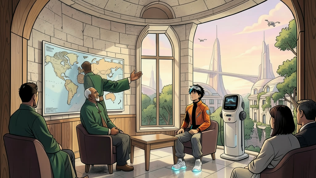 AI-generated image: A quiet government office with wood paneling and stone walls. A man stands before a large map of an unfamiliar world painted on the wall, continents and seas only, with no labels, gesturing toward it thoughtfully.